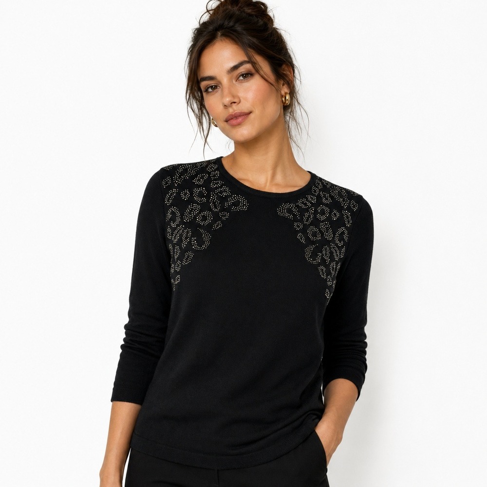 Vince Camuto Womens XS Black Rhinestone Embellished Leopard Knit Sweater NWT